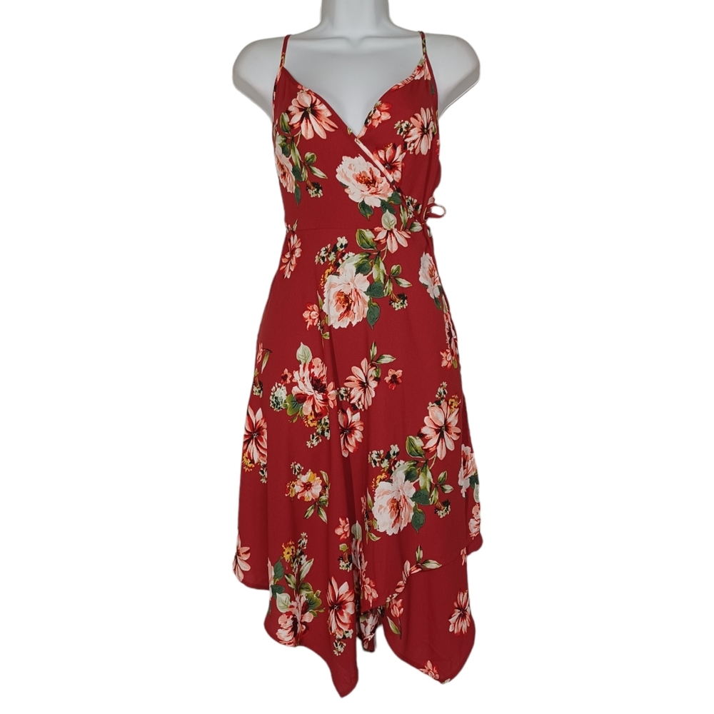 XHILARATION Burgundy Red Wine White Floral Print Sleeveless Wrap Dress S NWT
